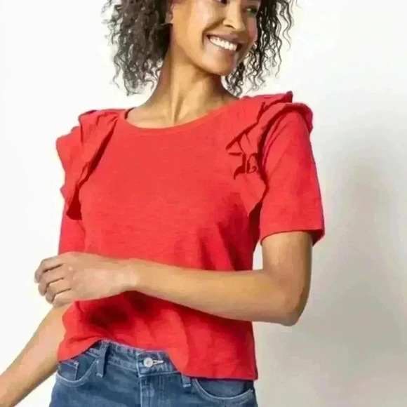 Lilla P Loose Knit Slub Elbow Sleeve Ruffle Crewneck size Small Preppy Luxury - Picture 1 of 8